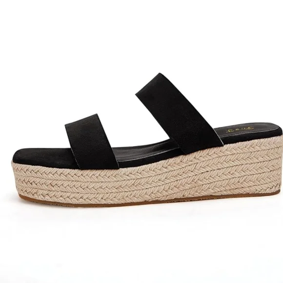 3/$15🚨WAS $49. PIEPIEBUY Black Wedge Espadrille Slip on Sandals - Picture 1 of 9